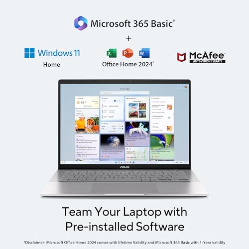 ASUS Vivobook S14, Intel Core Ultra 7 255H, 16GB RAM, 512GB SSD, FHD+ 14", Windows 11,Office Home 2024 M365 Basic (1Year)*, Cool Silver, 1.4Kg, S3407CA-LY084WS, Intel Arc iGPU, Metallic Design Laptop