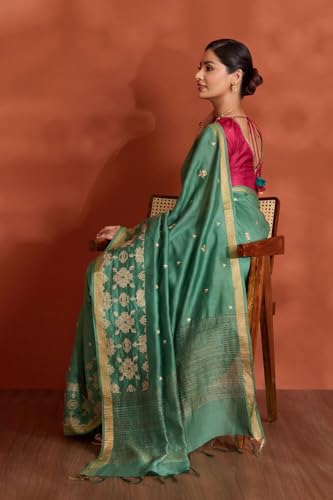 Taneira Women Dark Green Bengal Pure Silk Linen Embroidered Saree with Unstitched Blouse Piece (SAPH01AB0675-Dark Green)