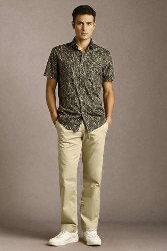 Men Olive Print Half Sleeves Casual Shirt