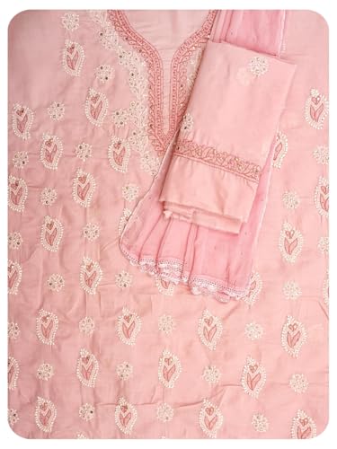 Ada Hand Embroidered Lucknowi Chikankari Unstitched Cotton Dress Material Suit Piece with Dupatta for Women with Muqaish Work 01A669328 Pink