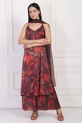 W for Woman Maroon Floral Print Sequined A-line Satin Kurta with Flared Pant and Dupatta Set (WS13212-126213-M)
