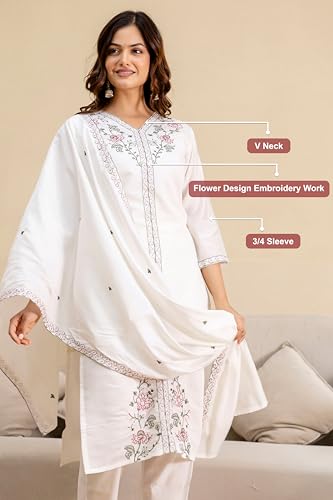 TRENDMALLS Women's Chanderi Embroidery Kurta Pant with Dupatta Set (G386-White-M-)