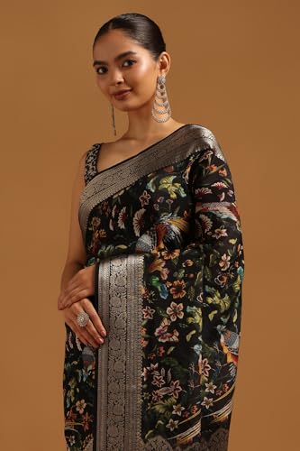 Soch Womens Black Silk Blend Botanical Saree With Zari Woven