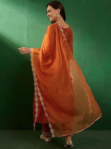 TRENDMALLS Women's Silk Embroidery A line Kurta Pant Set with Dupatta (G263-Orange-M-)