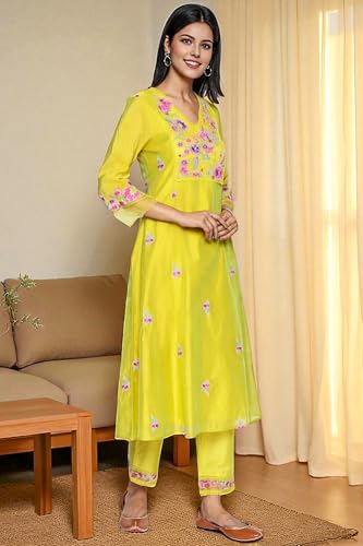 W for Woman Floral Embroidered Flared Chanderi Kurta with Straight Pant and Dupatta Set - Yellow (WS12917-223750-L)