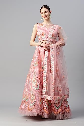 Prasheem Fashion Women's Net Embroidered Semi-Stitched Lehenga Choli with Dupatta (MorPankhLehenga-Navratri-Girlish-Latest-Lehenga; Free Size)