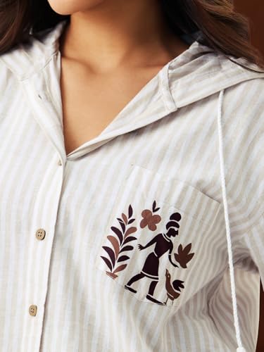 The Souled Store Nomad: Script & Stone Women and Girls Full Sleeves Hooded Printed Cotton Linen Oversized Fit Lightweight Comfortable All-Season for Casual Streetwear Boyfriend Shirts