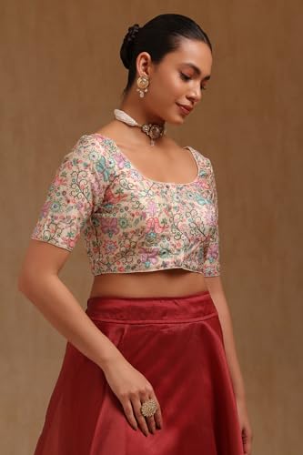 Soch Womens Cream Art Silk Floral Print Padded Blouse with Zari