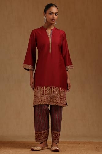 Soch Womens Maroon Chanderi Solid Suit Set With Zari