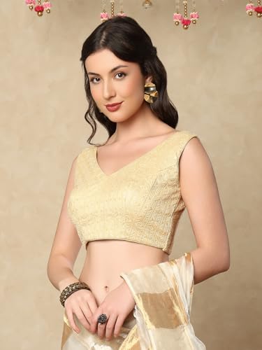SALWAR STUDIO Golden Georgette V-Neck Readymade Sleeveless Saree Blouse