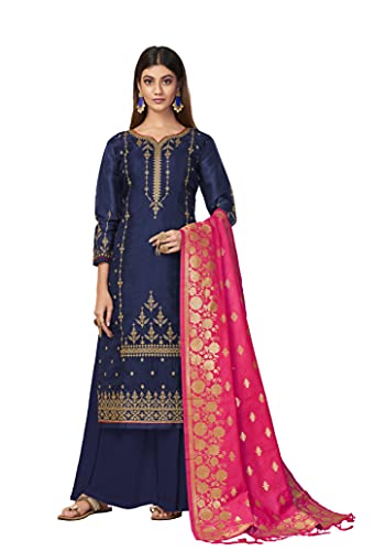 VUBA Women's Dola Silk Semi Stitched Top with Unstitched Shantoon Bottom and Jacquard Dupatta Embroidered Straight Kurta Dress Material (Kurta Palazzo Set)