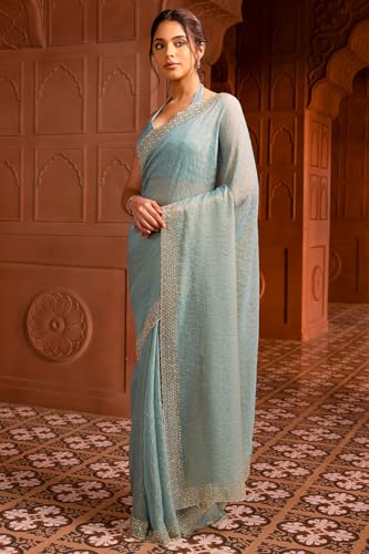 Soch Womens Powder Blue Georgette Floral Print Saree With Stone Work