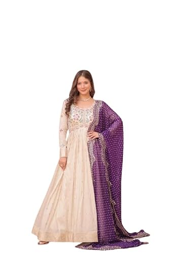 Forteo Fashion Women Cosmos Weaving Jequard with Pearl Beads Embroidered Work Gown with Duppata Set Gown | Festival Wear (in, Alpha, 2XL, Regular, Purple)