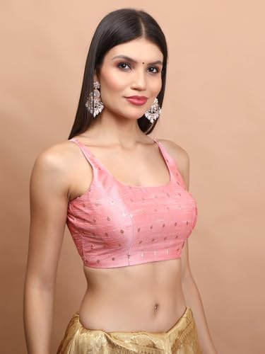 S SALWAR STUDIO Baby Pink Brocade Sleeveless Readymade Blouse