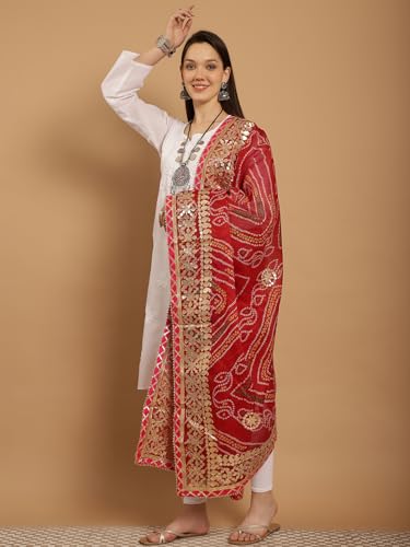 JABAMA Women's 2.3 Meter Cotton Kota Doriya Bandhej Dupatta for Women with Gota Patti Work – Lightweight Ethnic Dupatta for Kurti, Suit & Lehenga | Traditional Rajasthani Bandhani Design