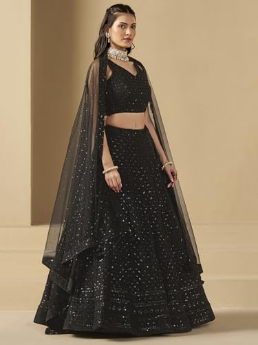Zeel Clothing Women's Sequins Thread Embroidered Georgette Lehenga Choli With Dupatta (5124-Women-Lehenga-Choli-New; Free size) (Yellow) (Black)