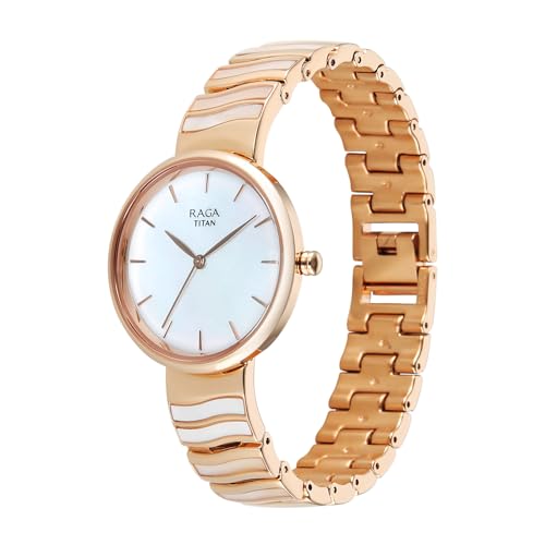 Titan Raga Power Pearls 2.0 with Quartz Analog Mother of Pearl Dial Rose Gold Brass Strap Watch for Women - 2810WM03F