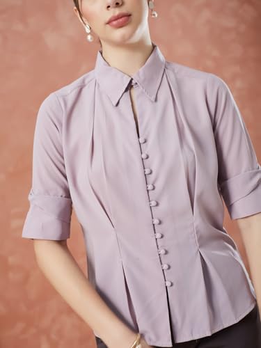 Latin Quarters Women's Pink Half Sleeves Solid Collared Casual Shirt_S