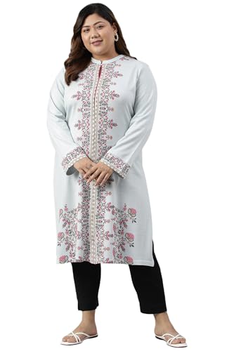 W for Women Blue Acrylic Printed Plus Size Winter Kurta_22NOW18539G-119395P_4XL
