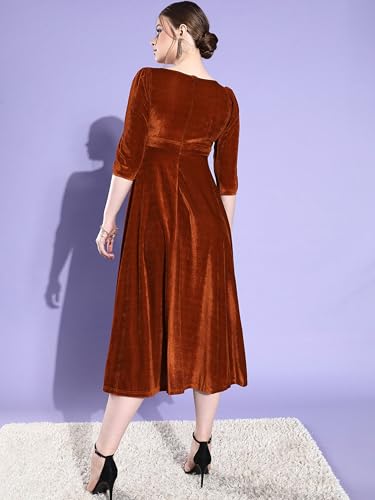 Miss Chase Women's V-Neck Three-Quarter Sleeve Solid Fit & Flare Midi Velvet Dress (MCAW22D13-73-606-02, Rust, XS)
