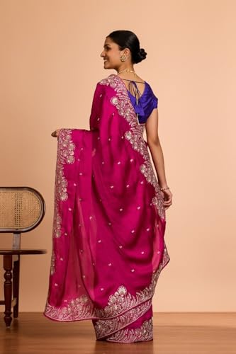 Taneira Women Pink Viscose Satin Embroidered Saree With Unstitched Blouse Piece (SAPP10AC5305-Pink)