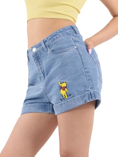 The Souled Store Winnie The Pooh: Butterfly Women and Girls Buttoned Waistband Light Blue Embroidered Cotton Denim Regular Fit Cuffed Hem Lightweight Everyday All-Season Casual Shorts