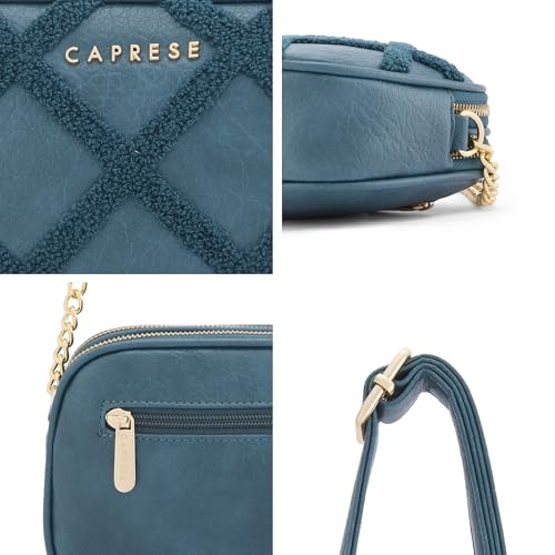 Caprese Athena Small Chenille Embroidered Sling Bag for Women | Elegant Multi-Compartment Shoulder Bag with Adjustable Strap | Party & Travel Crossbody Purse (Transformative Teal)
