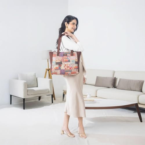 ZOUK Kutch Gamthi Abstract Printed Women Jute Vegan Leather Multicolor Side Tote Bag For Ladies With Double Handle