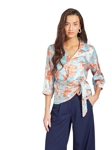 Latin Quarters Women Brown Floral Printed Collar Neck 3/4 Sleeve Top | Polyester Stretch Shirt with Side Tie & Button Closure