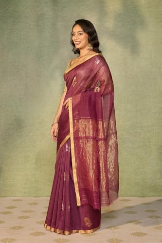 Taneira Purple Woven Pure Silk Cotton Chanderi Saree with Unstitched Blouse Piece (8905906844210 - Purple)