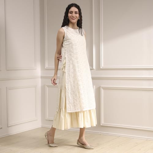 Biba Women's Cotton Embroidered Straight Kurta (SKDSCHIFFLI10573SS25OWH_Off White