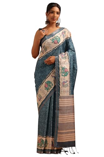 Soch Womens Blue Tussar Botanical Saree
