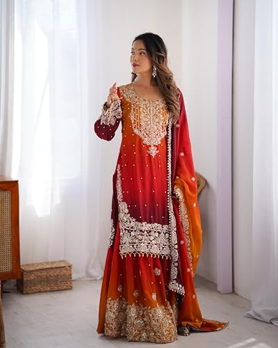 LEELI PEERI DESIGNER Women's Chinon Silk Embroidery Multicolour Kurta Sharara Set With Dupatta(45PDM10-M)