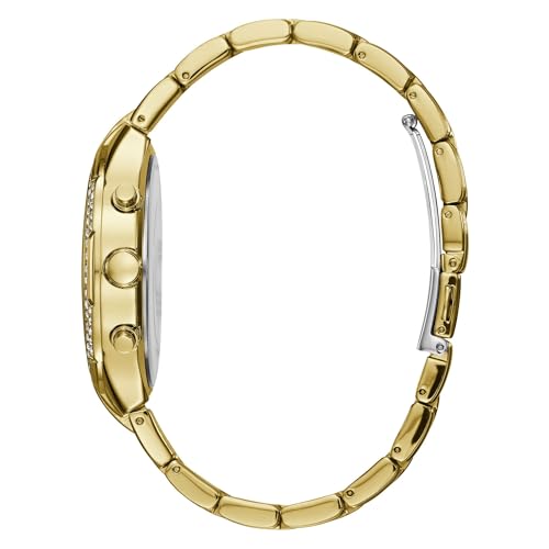 GUESS Women U0628L2 Sporty Gold-Tone Analog Watch With Champagne Dial, Crystal-Accented Bezel And Stainless Steel Pilot Buckle, Gold Band
