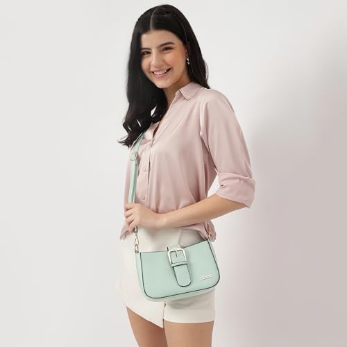Fastrack Solid Sling Bag For Women, Girls and Ladies | with Buckle Accent and Zipper Closure | Detachable Sling Strap | Slings For Casual Carry | Ladies Purse Handbag, Green