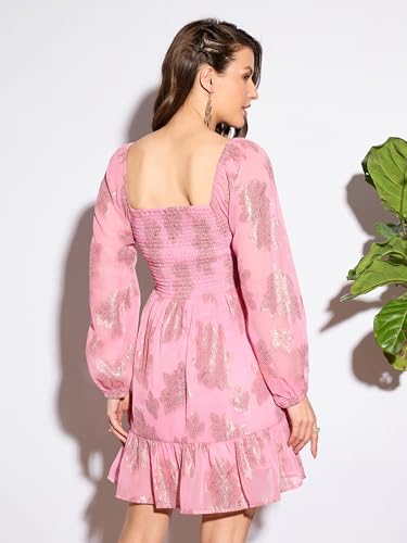 barcino Pink Square Neck Smocked Mini Dress