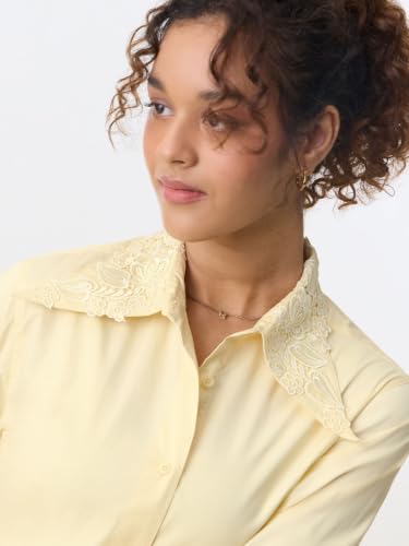 The Souled Store Tailored Solids: Lemon Tonic Women and Girls Full Length Spread Collar Yellow Embroidered Cotton Slim Fit Stretch Fabric Shirt for Formal Wear and Business Casual