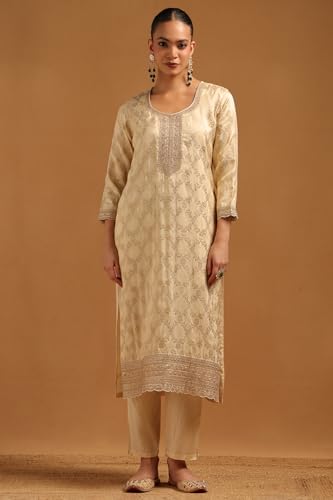 Soch Womens Beige Brocade Ethnic Motifs Salwar Suit With Sequins