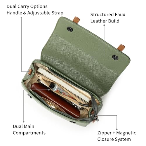 Fastrack Monochrome Muse Satchel | Faux-Leather Satchel for Women in Olive with Tan Accents | Buckle-Flap Closure, Dual Carry Options, Centre Zip Divider & Quick-Access Pockets