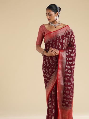 AKHILAM Women's Maroon Georgette Floral Printed Saree With Unstitched Blouse Piece (66ALEKHA6601_NV)