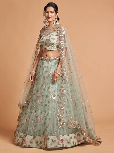 Zeel Clothing Women's Soft Net Embroidered Semi-Stitched Wedding Lehenga Choli with Dupatta (7314-SkyBlue-Wedding-Bridal-Lehenga-Choli; Free Size)