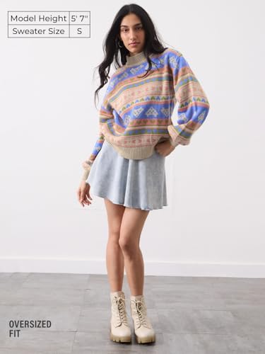 The Souled Store Knitted Sweater: Coral Clay Women and Girls Long Sleeves Mock Neck Geometric Printed Acrylic Oversized Fit Ribbed Hem Casual Winter Pullover Oversized Sweater