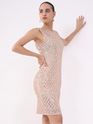 Global Republic Poly Spandex Sequinced Boat Neck Knee Length Dress for Women (461, Champagne, L/XL)