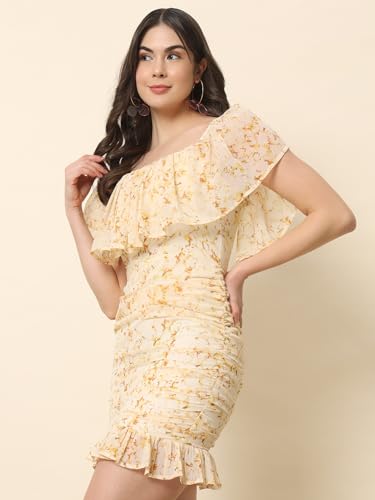 Trend Arrest.ed Women's Off-Shoulder Ruched Mini Dress|Printed Bodycon Dress for Beach, Casual Parties & Summer Outings | Short Sleeve Sheath Fit (2XL) Cream
