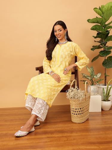 Ada Hand Embroidered Lucknowi Chikankari Yellow Cotton Kurta Kurti for Women A411711 (L)