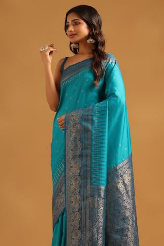 Soch Womens Turquoise Blue Silk Blend Ethnic Motifs Zari Woven Saree