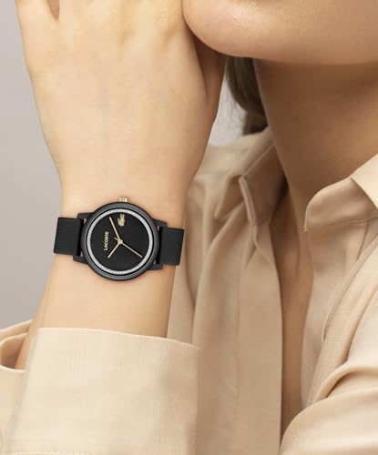 Lacoste Women's L.12.12 Go 3H Quartz Water-Resistant Fashion Watch with Black Dilicone Strap, Model: 2001310, Black, Watch