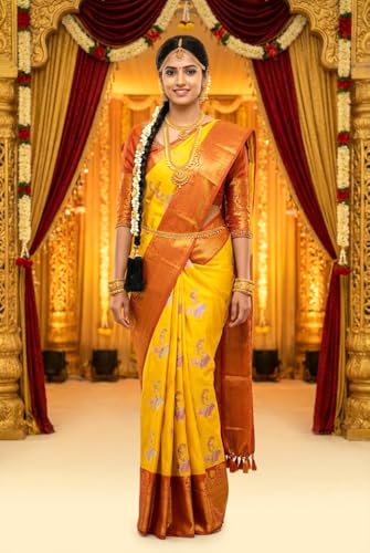 VFCollections Women's Traditional Handloom Kanchipuram Silk Pure Pattu Sarees | Rich Zari Woven Design | Unstitched Blouse (VFC135-12)