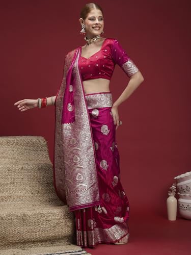 AKHILAM Women's Pink Satin Silk Floral Printed Saree With Unstitched Blouse Piece (RNGREET306_HS)