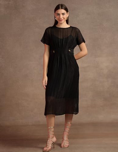 U.S. POLO ASSN. Women's Polyester Fit and Flare Midi Casual Dress (UWAW24DRS146_Black